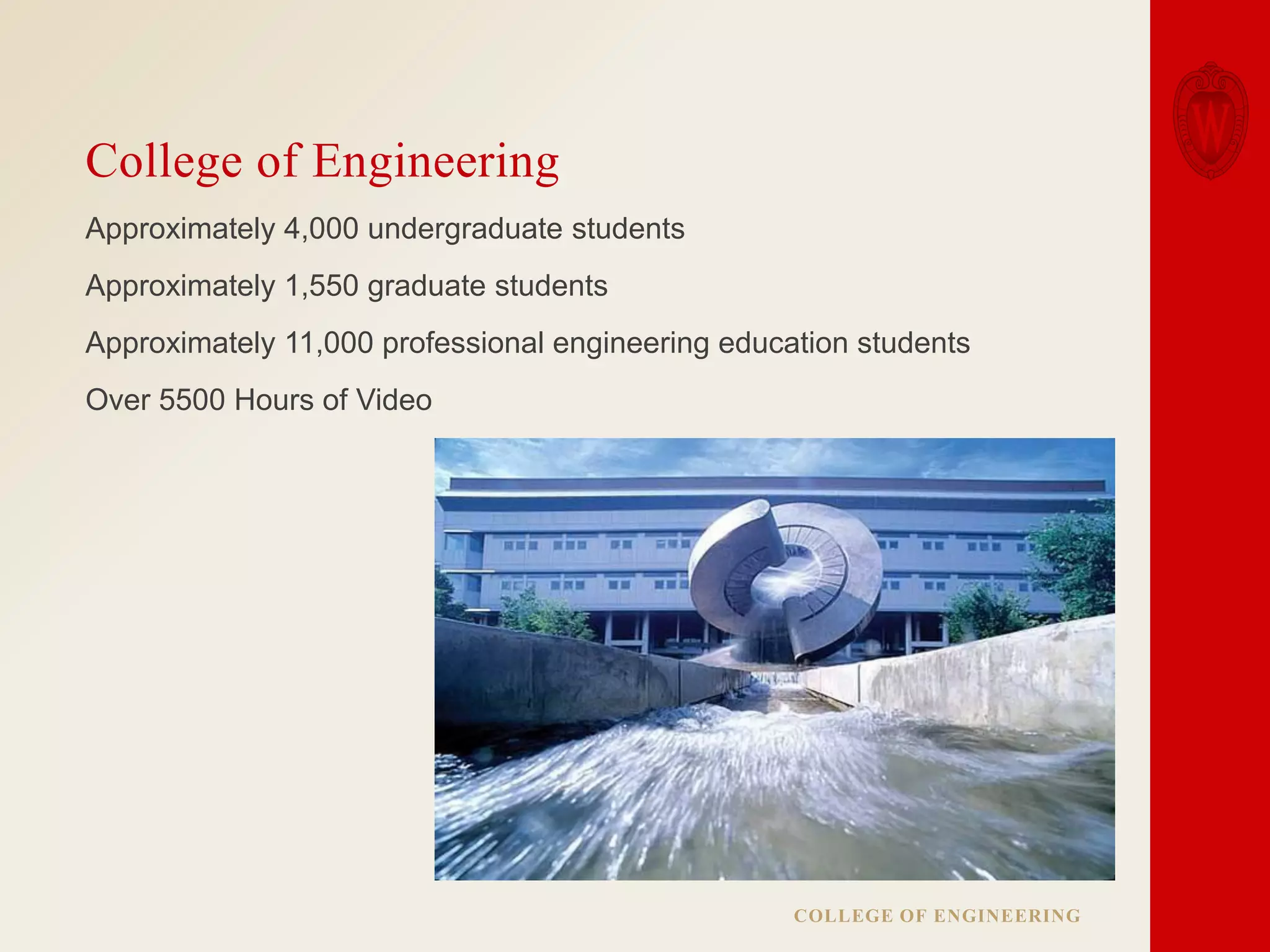 College of Engineering
Approximately 4,000 undergraduate students
Approximately 1,550 graduate students

Approximately 11,000 professional engineering education students
Over 5500 Hours of Video

COLLEGE OF ENGINEERING

 