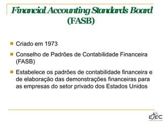 FinancialAccountingStandardsBoar
d
(FASB)
■ Criado em 1973
Conselho de Padrões de Contabilidade Financeira
(FASB)
Estabelece os padrões de contabilidade financeira e
de elaboração das demonstrações financeiras para
as empresas do setor privado dos Estados Unidos
■
■
 