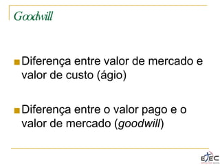 Goodwill
■Diferença entre valor de mercado e
valor de custo (ágio)
■Diferença entre o valor pago e o
valor de mercado (goodwill)
 