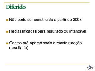 Diferido
■ Não pode ser constituída a partir de 2008
■ Reclassificadas para resultado ou intangível
■ Gastos pré-operacionais e reestruturação
(resultado)
 