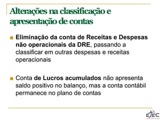 Alterações naclassificaçãoe
apresentaçãodecontas
■ Eliminação da conta de Receitas e Despesas
não operacionais da DRE, passando a
classificar em outras despesas e receitas
operacionais
■ Conta de Lucros acumulados não apresenta
saldo positivo no balanço, mas a conta contábil
permanece no plano de contas
 