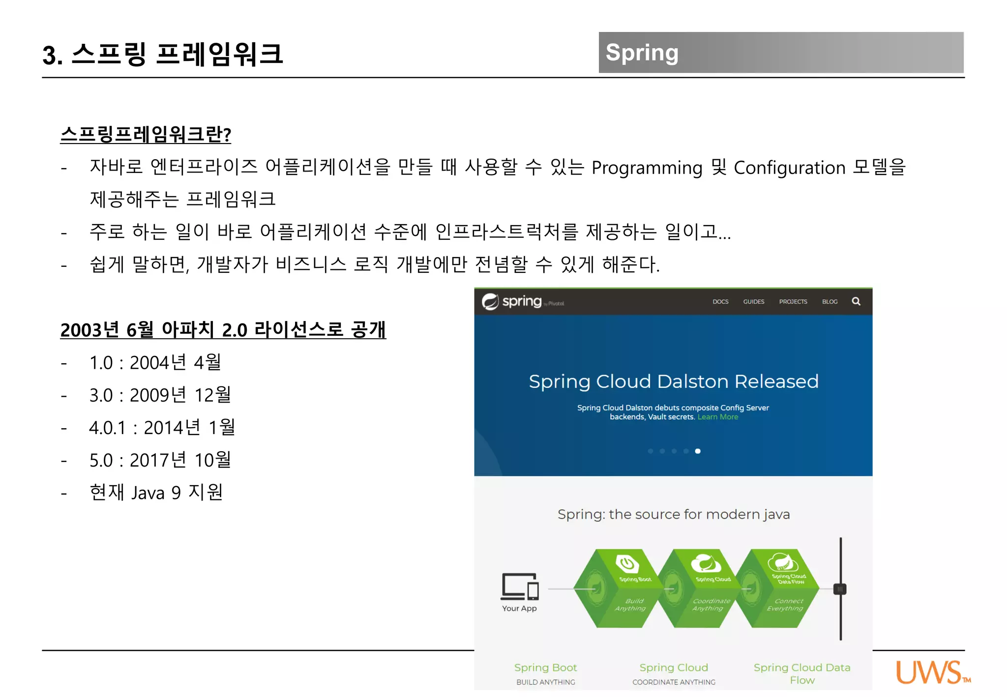 - 17 -
3. 스프링 프레임워크 Spring
스프링프레임워크란?
- 자바로 엔터프라이즈 어플리케이션을 만들 때 사용할 수 있는 Programming 및 Configuration 모델을
제공해주는 프레임워크
- 주로 하는 일이 바로 어플리케이션 수준에 인프라스트럭처를 제공하는 일이고…
- 쉽게 말하면, 개발자가 비즈니스 로직 개발에만 전념할 수 있게 해준다.
2003년 6월 아파치 2.0 라이선스로 공개
- 1.0 : 2004년 4월
- 3.0 : 2009년 12월
- 4.0.1 : 2014년 1월
- 5.0 : 2017년 10월
- 현재 Java 9 지원
 