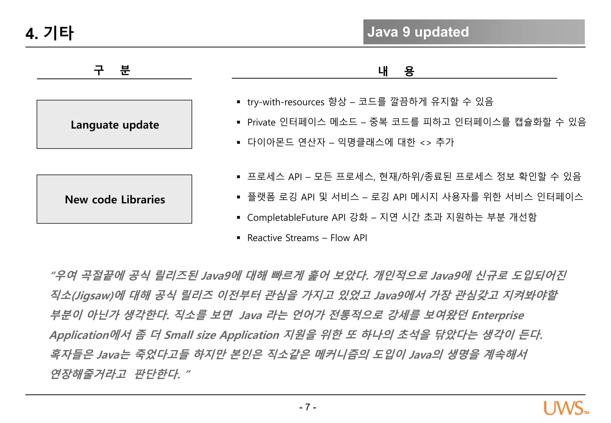 - 7 -
4. 기타 Java 9 updated
 try-with-resources 향상 – 코드를 깔끔하게 유지할 수 있음
 Private 인터페이스 메소드 – 중복 코드를 피하고 인터페이스를 캡슐화할 수 있음
 다이아몬드 연산자 – 익명클래스에 대한 <> 추가
구 분 내 용
Languate update
 프로세스 API – 모든 프로세스, 현재/하위/종료된 프로세스 정보 확인할 수 있음
 플랫폼 로깅 API 및 서비스 – 로깅 API 메시지 사용자를 위한 서비스 인터페이스
 CompletableFuture API 강화 – 지연 시간 초과 지원하는 부분 개선함
 Reactive Streams – Flow API
New code Libraries
“우여 곡절끝에 공식 릴리즈된 Java9에 대해 빠르게 훑어 보았다. 개인적으로 Java9에 신규로 도입되어진
직소(Jigsaw)에 대해 공식 릴리즈 이전부터 관심을 가지고 있었고 Java9에서 가장 관심갖고 지켜봐야할
부분이 아닌가 생각한다. 직소를 보면 Java 라는 언어가 전통적으로 강세를 보여왔던 Enterprise
Application에서 좀 더 Small size Application 지원을 위한 또 하나의 초석을 닦았다는 생각이 든다.
혹자들은 Java는 죽었다고들 하지만 본인은 직소같은 메커니즘의 도입이 Java의 생명을 계속해서
연장해줄거라고 판단한다. ”
 