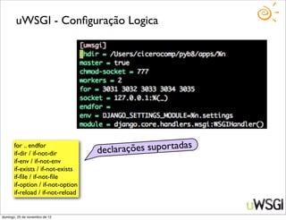 uWSGI - Conﬁguração Logica




       for .. endfor
       if-dir / if-not-dir         declarações suportadas
       if-env / if-not-env
       if-exists / if-not-exists
       if-ﬁle / if-not-ﬁle
       if-option / if-not-option
       if-reload / if-not-reload


domingo, 25 de novembro de 12
 
