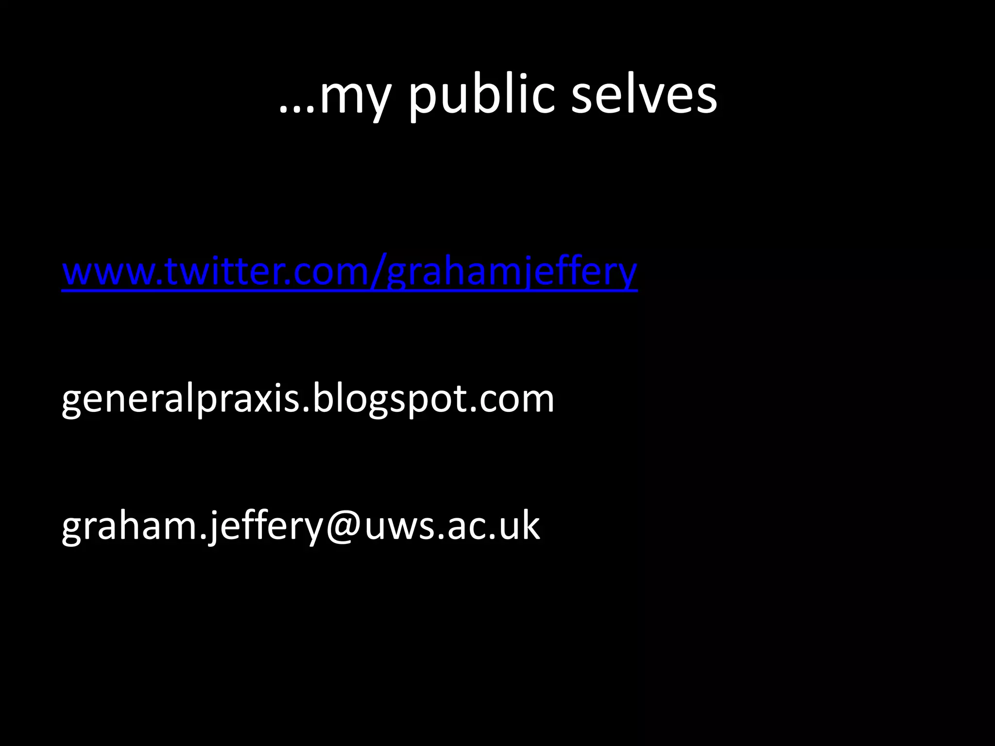 …my public selves
www.twitter.com/grahamjeffery
generalpraxis.blogspot.com
graham.jeffery@uws.ac.uk
 