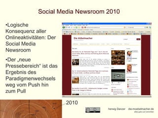 Social Media Newsroom 2010 Logische Konsequenz aller Onlineaktivitäten: Der Social Media Newsroom Der „neue Pressebereich“ ist das Ergebnis des Paradigmenwechsels weg vom Push hin zum Pull 2010 