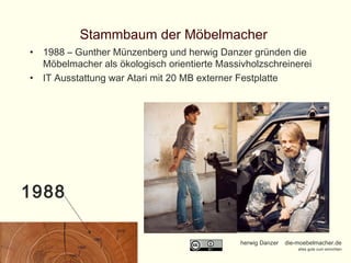 Stammbaum der Möbelmacher  1988 1988 – Gunther Münzenberg und herwig Danzer gründen die Möbelmacher als ökologisch orientierte Massivholzschreinerei  IT Ausstattung war Atari mit 20 MB externer Festplatte 