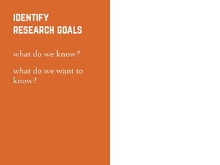 identify
research goals
what do we know?
what do we want to
know?
 