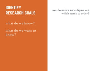 identify
research goals
what do we know?
what do we want to
know?
how do novice users ﬁgure out
which stamp to order?
 