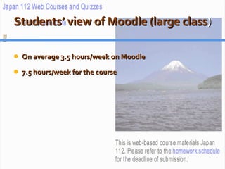 Students’ view of Moodle (large class ) On average 3.5 hours/week on Moodle 7.5 hours/week for the course 