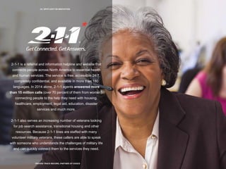 24 | SPOTLIGHT ON INNOVATION
PROVEN TRACK RECORD, PARTNER OF CHOICE
2-1-1 is a referral and information helpline and website that
connects people across North America to essential health
and human services. The service is free, accessible 24/7,
completely confidential, and available in more than 180
languages. In 2014 alone, 2-1-1 agents answered more
than 15 million calls (over 70 percent of them from women),
connecting people to the help they need with housing,
healthcare, employment, legal aid, education, disaster
services and much more.
2-1-1 also serves an increasing number of veterans looking
for job search assistance, transitional housing and other
resources. Because 2-1-1 lines are staffed with many
volunteer military veterans, these callers are able to speak
with someone who understands the challenges of military life
and can quickly connect them to the services they need.
 