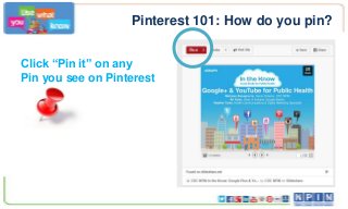 Pinterest 101: How do you pin?
Click “Pin it” on any
Pin you see on Pinterest
 