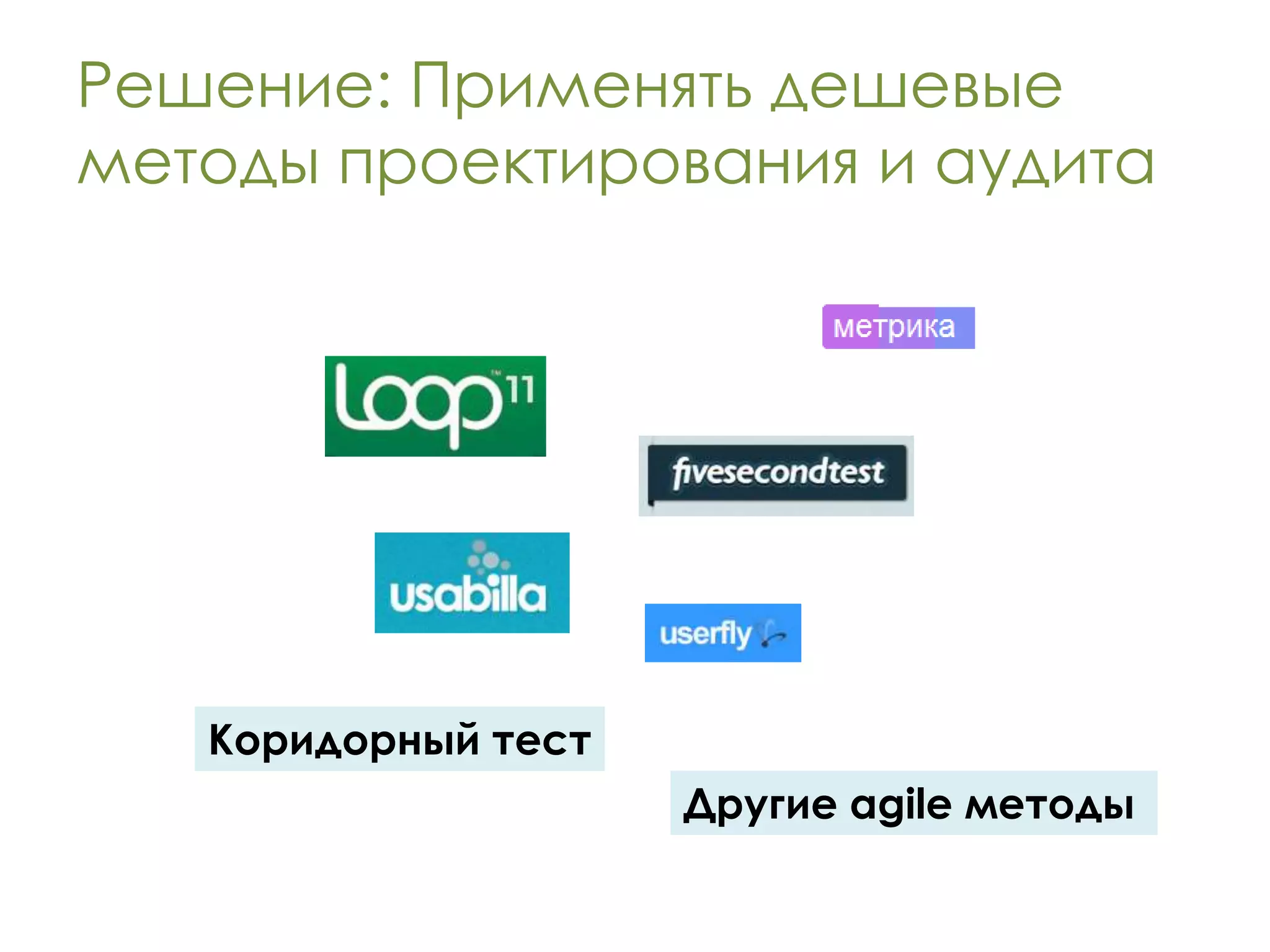 Решение: Применять дешевые
методы проектирования и аудита




   Коридорный тест
                     Другие agile методы
 