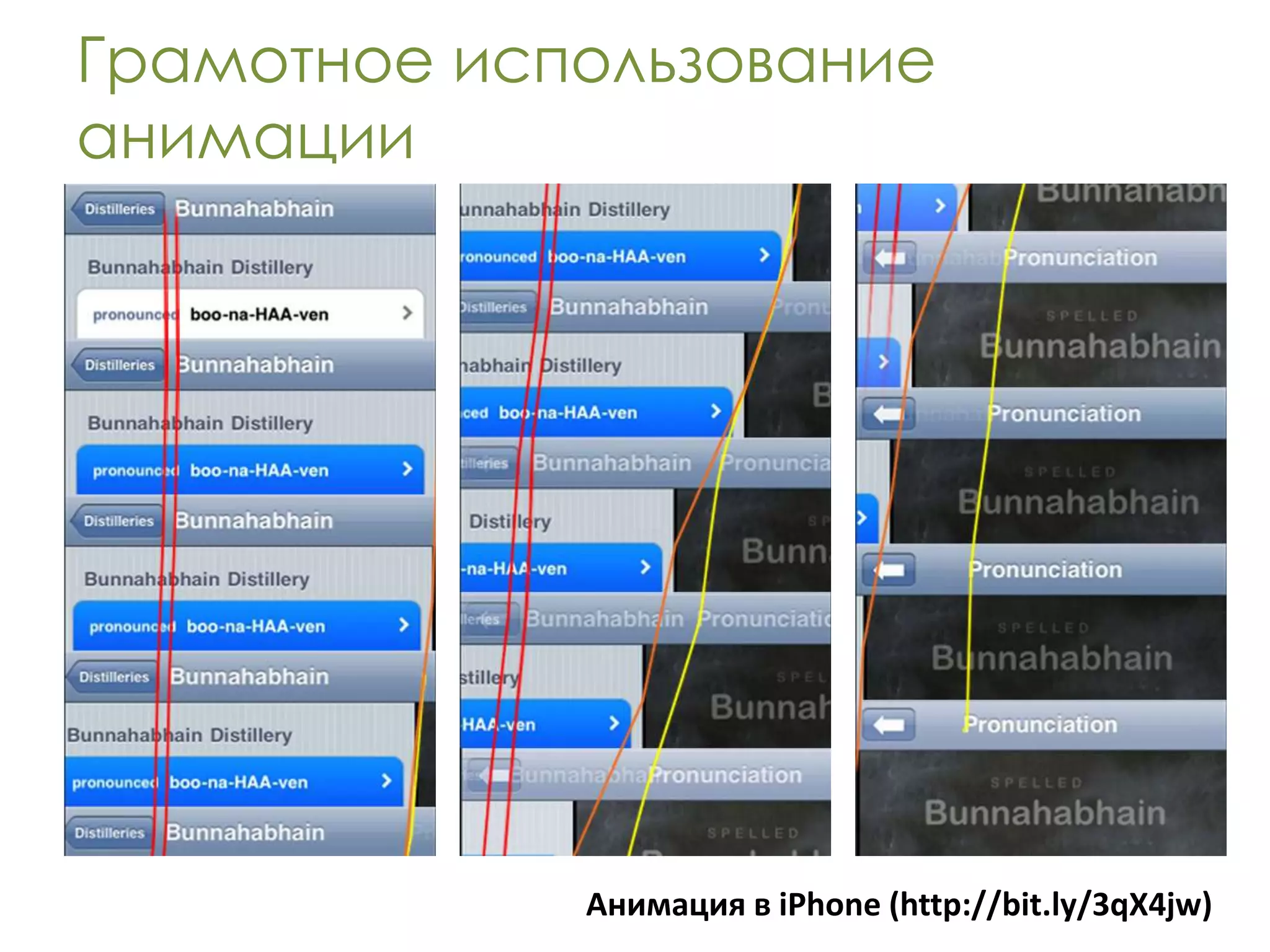 Грамотное использование
анимации




             Анимация в iPhone (http://bit.ly/3qX4jw)
 