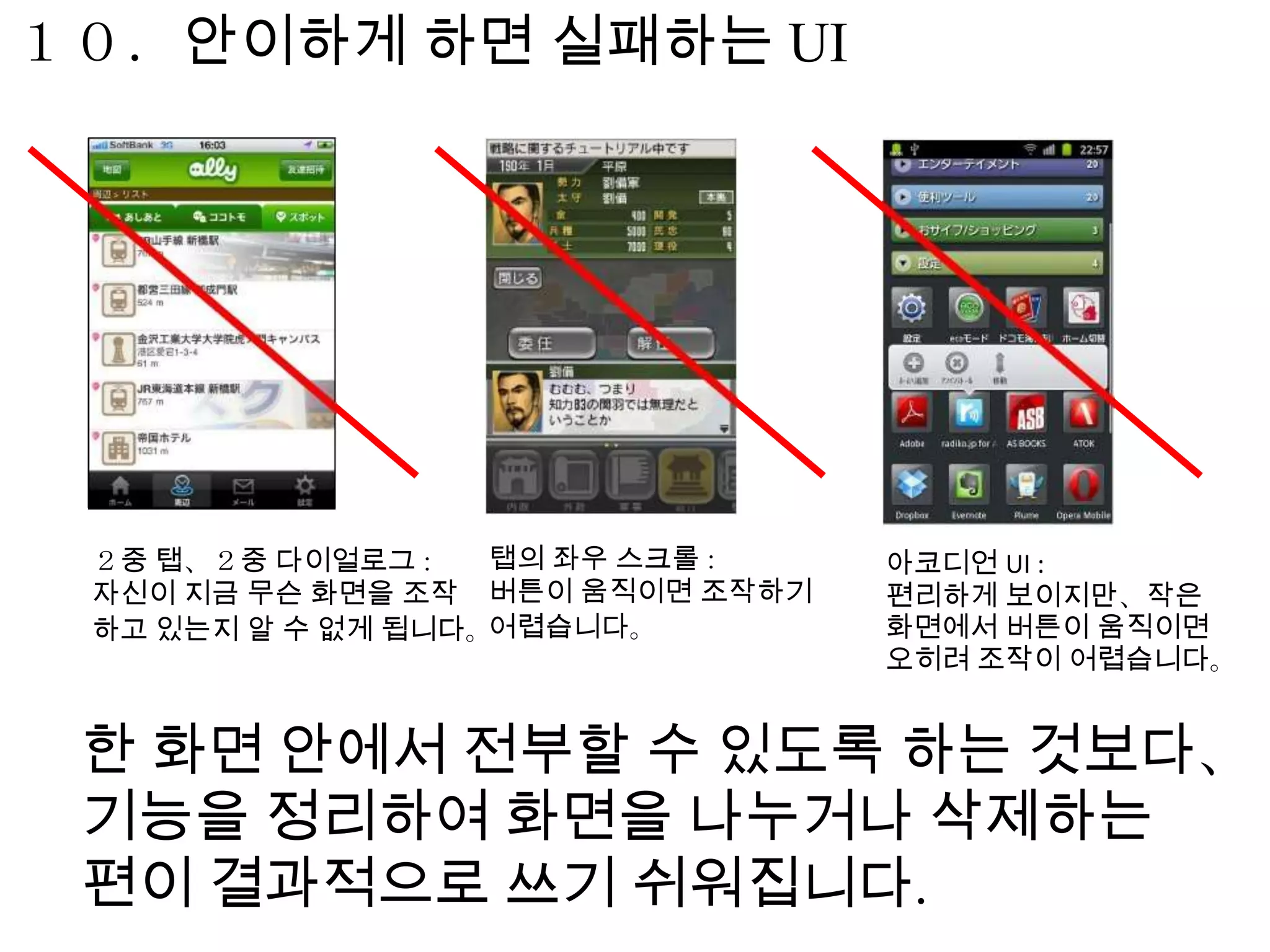 １０．안이하게 하면 실패하는 UI




 ２중 탭、２중 다이얼로그 :   탭의 좌우 스크롤 :    아코디언 UI :
 자신이 지금 무슨 화면을 조작 버튼이 움직이면 조작하기   편리하게 보이지만、작은
 하고 있는지 알 수 없게 됩니다。어렵습니다。         화면에서 버튼이 움직이면
                                  오히려 조작이 어렵습니다。


 한 화면 안에서 전부할 수 있도록 하는 것보다、
 기능을 정리하여 화면을 나누거나 삭제하는
 편이 결과적으로 쓰기 쉬워집니다.
 