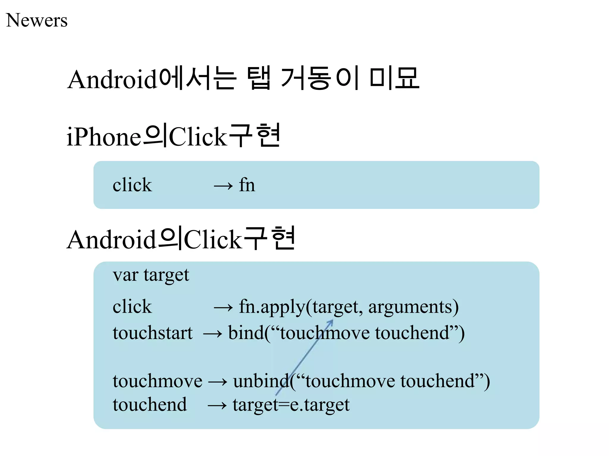 Newers


     Android에서는 탭 거동이 미묘

     iPhone의Click구현
         click        → fn

     Android의Click구현
         var target
         click       → fn.apply(target, arguments)
         touchstart → bind(“touchmove touchend”)

         touchmove → unbind(“touchmove touchend”)
         touchend → target=e.target
 