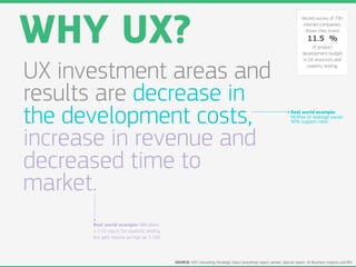 WHY UX?
                                                                                                                         Recent survey of 735
                                                                                                                          internet companies,
                                                                                                                           shows they invest
                                                                                                                             11.5 %
                                                                                                                               of product
                                                                                                                          development budget
                                                                                                                          in UX resources and


UX investment areas and                                                                                                     usability testing.




results are decrease in
the development costs,                                                                                            Real world example:
                                                                                                                  McAfee UI redesign saved
                                                                                                                  90% support costs.



increase in revenue and
decreased time to
market.
      Real world example: IBM plans
      a 1:10 return for usability testing
      but gets returns as high as 1:100.




                                            SOURCE: SDS Consulting (Strategic Data Consulting) report named „Special report: UX Business Impacts and ROI.
 
