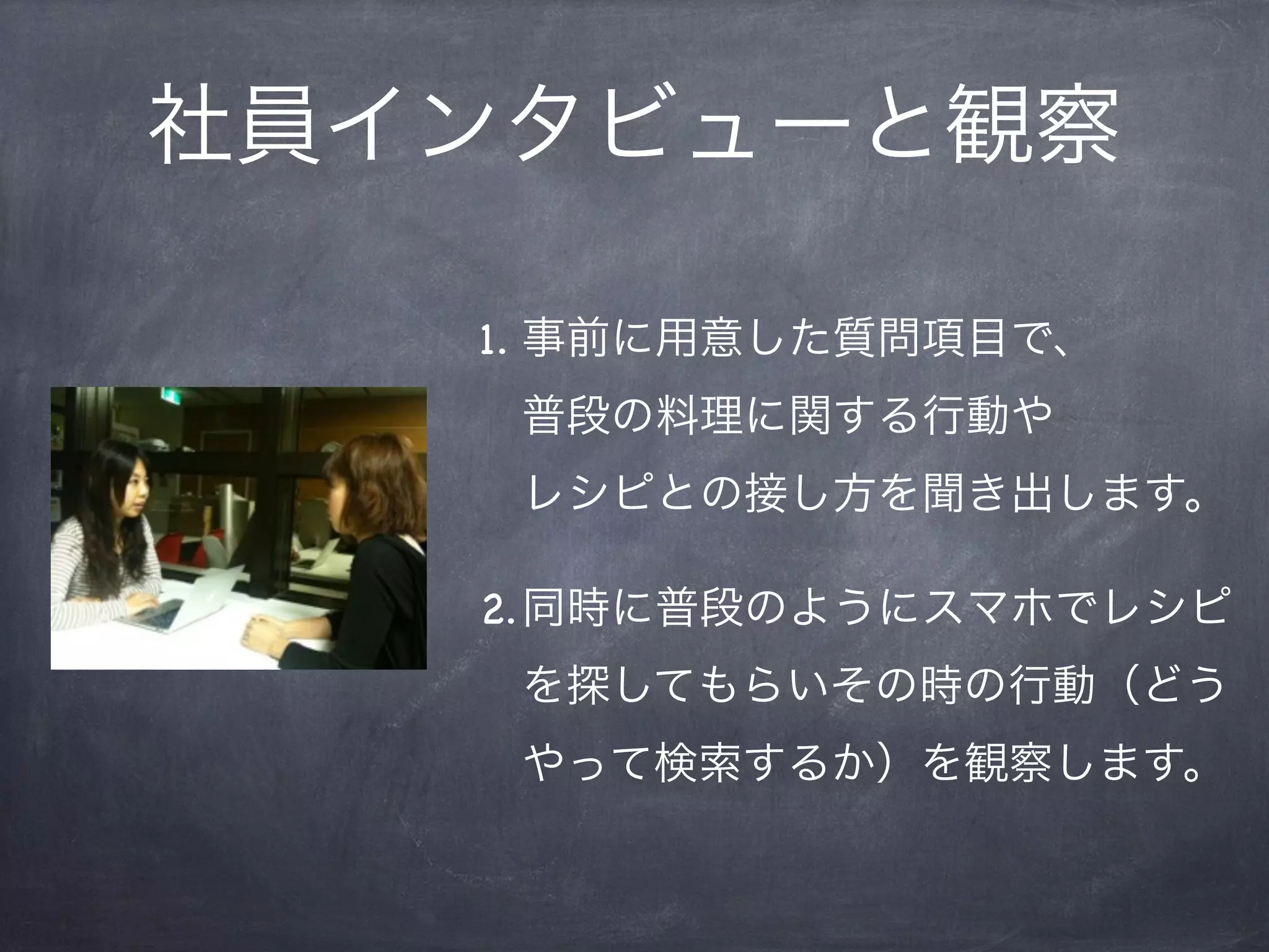 社員インタビューと観察

   1. 事前に用意した質問項目で、
    普段の料理に関する行動や
    レシピとの接し方を聞き出します。

   2.同時に普段のようにスマホでレシピ
    を探してもらいその時の行動（どう
    やって検索するか）を観察します。
 