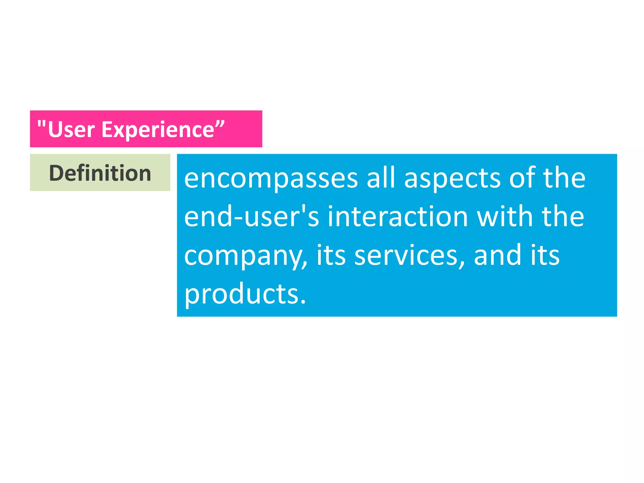 "User Experience”
encompasses all aspects of the
end-user's interaction with the
company, its services, and its
products.
Definition
 