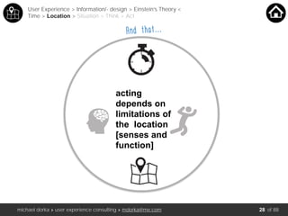 michael dorka » user experience consulting » mdorka@me.com of 88
acting
depends on
limitations of
the location
[senses and
function]
User Experience > Information/- design > Einstein’s Theory <
Time > Location > Situation > Think > Act
And that…..
28
 