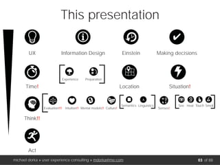 This presentation
michael dorka » user experience consulting » mdorka@me.com of 88
Time! Location Situation!
Think!!
Act
UX Information Design Einstein Making decisions
Experience Preparation
Evaluation!!! Intuition!! Mental models!!
Semantics Linguistics
Culture!
A
Senses!
See Hear Touch Smell
03
 