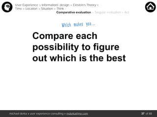 michael dorka » user experience consulting » mdorka@me.com of 88
Compare each
possibility to ﬁgure
out which is the best
User Experience > Information/- design > Einstein’s Theory <
Time > Location > Situation > Think <
Comparative evaluation > Singular evaluation > Act
Which makes you…..
37
 
