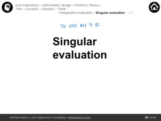 michael dorka » user experience consulting » mdorka@me.com of 88
Singular
evaluation
User Experience > Information/- design > Einstein’s Theory <
Time > Location > Situation > Think <
Comparative evaluation > Singular evaluation > Act
The other way to go:
39
 