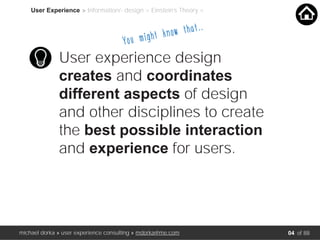User experience design
creates and coordinates
different aspects of design
and other disciplines to create
the best possible interaction
and experience for users.
User Experience > Information/- design > Einstein’s Theory <
You might know that….
michael dorka » user experience consulting » mdorka@me.com of 8804
 