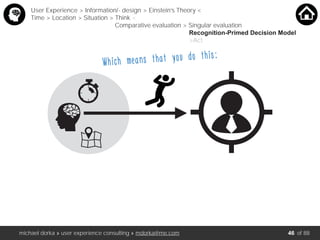 michael dorka » user experience consulting » mdorka@me.com of 88
User Experience > Information/- design > Einstein’s Theory <
Time > Location > Situation > Think <
Comparative evaluation > Singular evaluation
Recognition-Primed Decision Model
>Act
Which means that you do this:
46
 