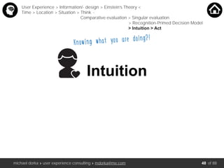michael dorka » user experience consulting » mdorka@me.com of 88
User Experience > Information/- design > Einstein’s Theory <
Time > Location > Situation > Think <
Comparative evaluation > Singular evaluation
> Recognition-Primed Decision Model
> Intuition > Act
Knowing what you are doing?!
Intuition
48
 