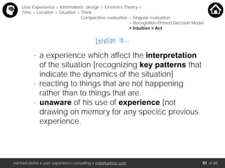michael dorka » user experience consulting » mdorka@me.com of 88
Intution is…..
- a experience which affect the interpretation
of the situation [recognizing key patterns that
indicate the dynamics of the situation]
- reacting to things that are not happening
rather than to things that are.
- unaware of his use of experience [not
drawing on memory for any speciﬁc previous
experience.
User Experience > Information/- design > Einstein’s Theory <
Time > Location > Situation > Think <
Comparative evaluation > Singular evaluation
> Recognition-Primed Decision Model
> Intuition > Act
51
 