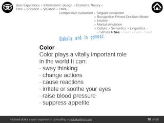 michael dorka » user experience consulting » mdorka@me.com of 88
Globally and in general:
Color
Color plays a vitally important role
in the world.It can:
- sway thinking
- change actions
- cause reactions
- irritate or soothe your eyes
- raise blood pressure
- suppress appetite
User Experience > Information/- design > Einstein’s Theory <
Time > Location > Situation > Think <
Comparative evaluation > Singular evaluation
> Recognition-Primed Decision Model
> Intuition
> Mental simulation
> Culture > Semantics > Linguistics >
> Senses > See > Hear > Feel > Smell
76
 
