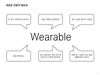 새로운 전환의 필요성
Wearable
더 작고 가벼우며 오래가는 나를 이해하고 알아주는 좀 더 쉽게 접근이 가능한
항상 깨어있는
내가 접근하는 것이 아니라
서비스가 나에게 접근하는
컴퓨터나 기술이 아닌 일상
생활로써의 서비스
 