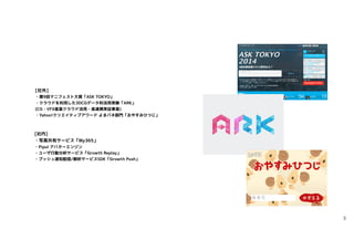 3
[社外]
・第9回マニフェスト大賞「ASK TOKYO」
・クラウドを利用した3DCGデータ利活用実験「ARK」
(CG・VFX産業クラウド活用・高連携実証事業)　
・Yahoo!クリエイティブアワード よるパネ部門「おやすみひつじ」
[社...