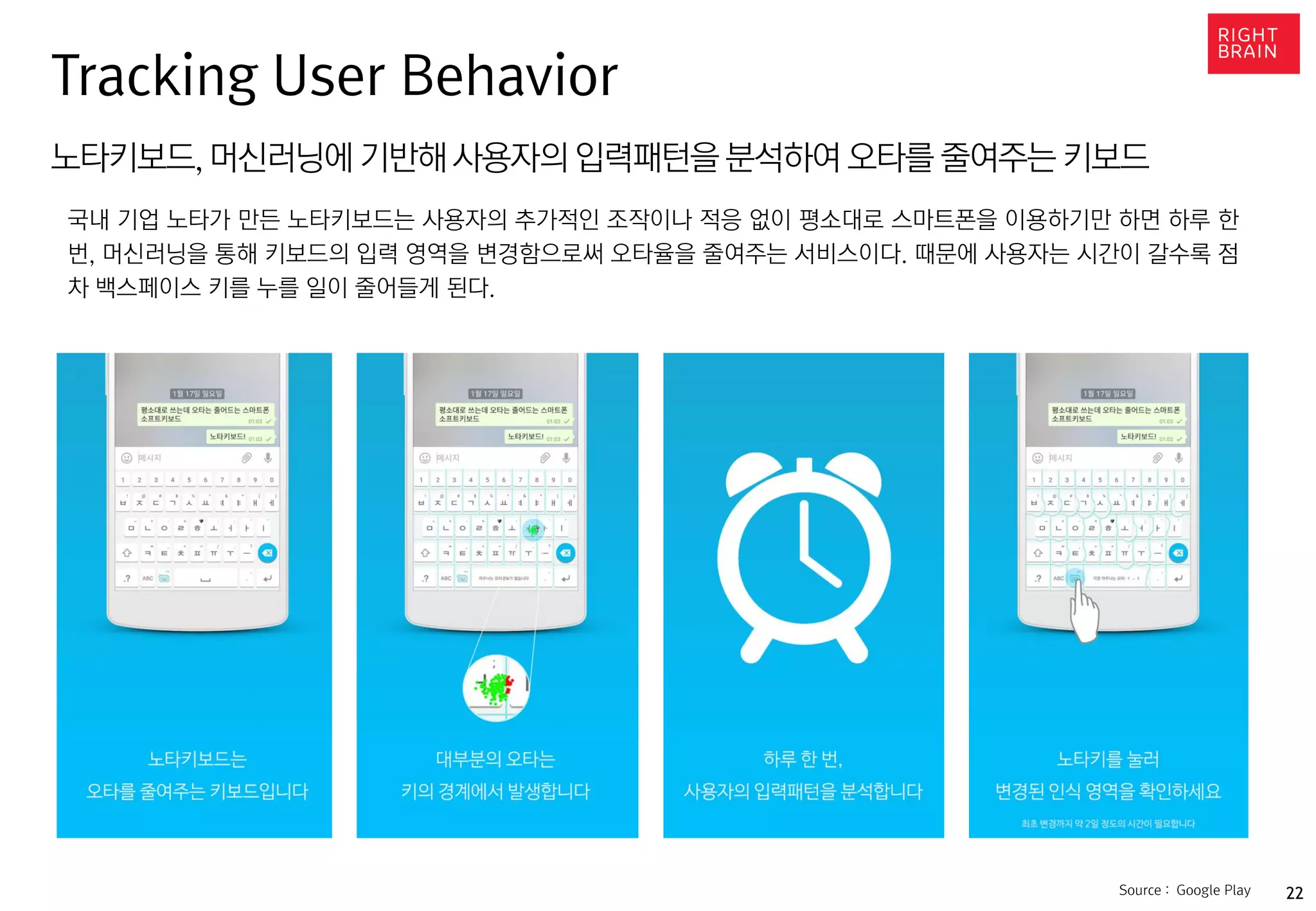 22
노타키보드,머신러닝에 기반해 사용자의 입력패턴을분석하여 오타를 줄여주는 키보드
국내 기업 노타가 만든 노타키보드는 사용자의 추가적인 조작이나 적응 없이 평소대로 스마트폰을 이용하기만 하면 하루 한
번, 머신러닝을 통해 키보드의 입력 영역을 변경함으로써 오타율을 줄여주는 서비스이다. 때문에 사용자는 시간이 갈수록 점
차 백스페이스 키를 누를 일이 줄어들게 된다.
Tracking User Behavior
Source : Google Play
 