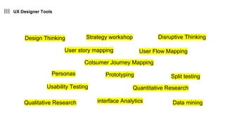 UX Designer Tools
Design Thinking
Cotsumer Journey Mapping
Usability Testing
Qualitative Research
Quantitative Research
User Flow Mapping
Prototyping
Disruptive Thinking
Personas
User story mapping
Data mining
Strategy workshop
interface Analytics
Split testing
 