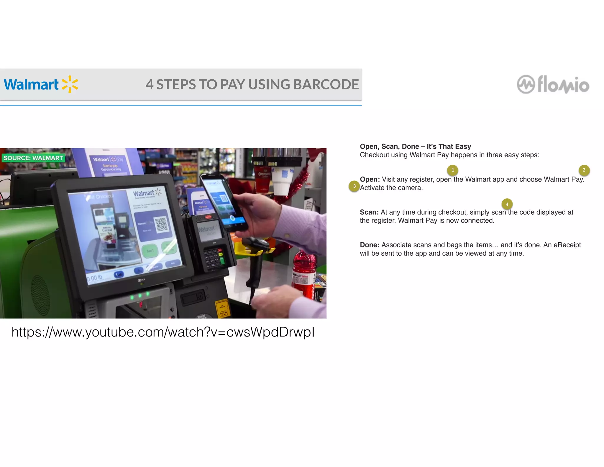 4 STEPS TO PAY USING BARCODE
https://www.youtube.com/watch?v=cwsWpdDrwpI
Open, Scan, Done – It’s That Easy
Checkout using Walmart Pay happens in three easy steps:
Open: Visit any register, open the Walmart app and choose Walmart Pay.
Activate the camera.
Scan: At any time during checkout, simply scan the code displayed at
the register. Walmart Pay is now connected.
Done: Associate scans and bags the items… and it’s done. An eReceipt
will be sent to the app and can be viewed at any time.
1 2
3
4
 