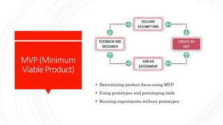 MVP(Minimum
ViableProduct)
 Determining product focus using MVP
 Using prototypes and prototyping tools
 Running experiments without prototypes
 