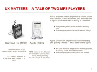 UX MATTERS – A TALE OF TWO MP3 PLAYERS
Roxio emphasized an experience similar to the
then familiar, Sony Walkman, and emphasized
a digital experience like listening to cassettes
 The user experience was around “pushing
play”
 The design emphasized the Walkman design
APPL traded at ~$1.37/share
on 10/23/2001 (ipod launch).
Since, it has grown by
10,714.51% (as of 2/9/2017)
Apple (2001)Diamond Rio (1998)
Diamond bought by S3
Graphics for $100M+ in Late 90’s.
S3 Graphics reformed as
SONICBlue, went chapter 11 in
2003.
Apple created an experience around creating
and playing “mixes” – what went on the tapes
 the user activities emphasized making playlists,
acquiring tunes, and playing music
 The design emphasized one thumb simple
13
 