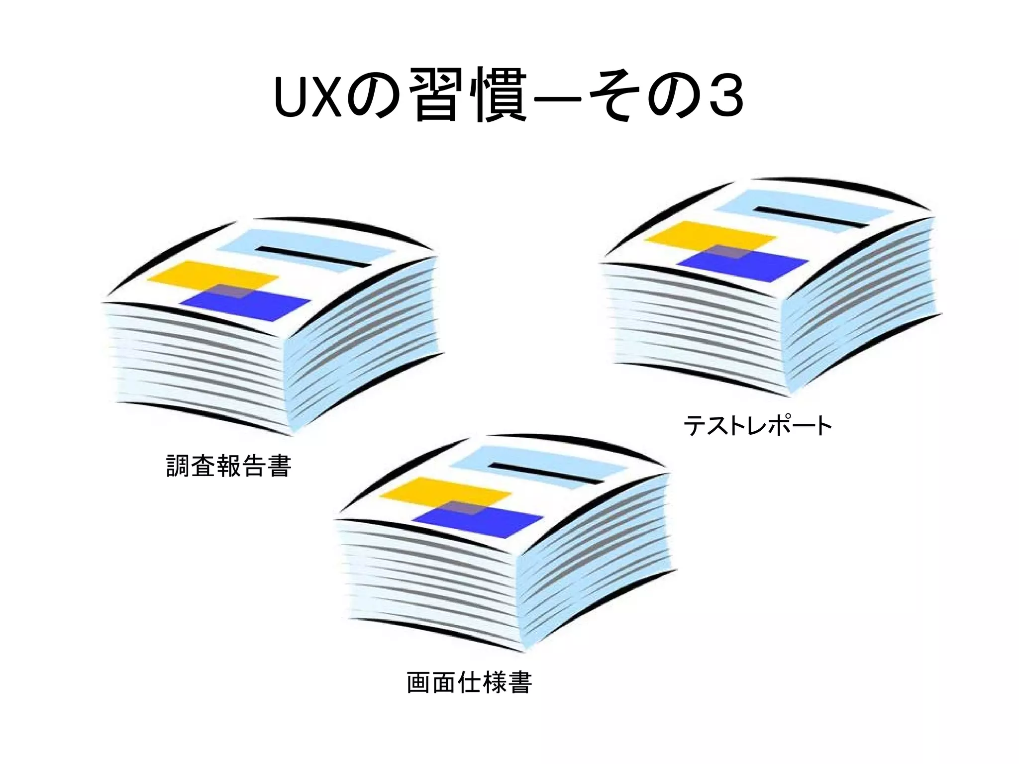 UXの習慣―その３

テストレポート
調査報告書

画面仕様書

 