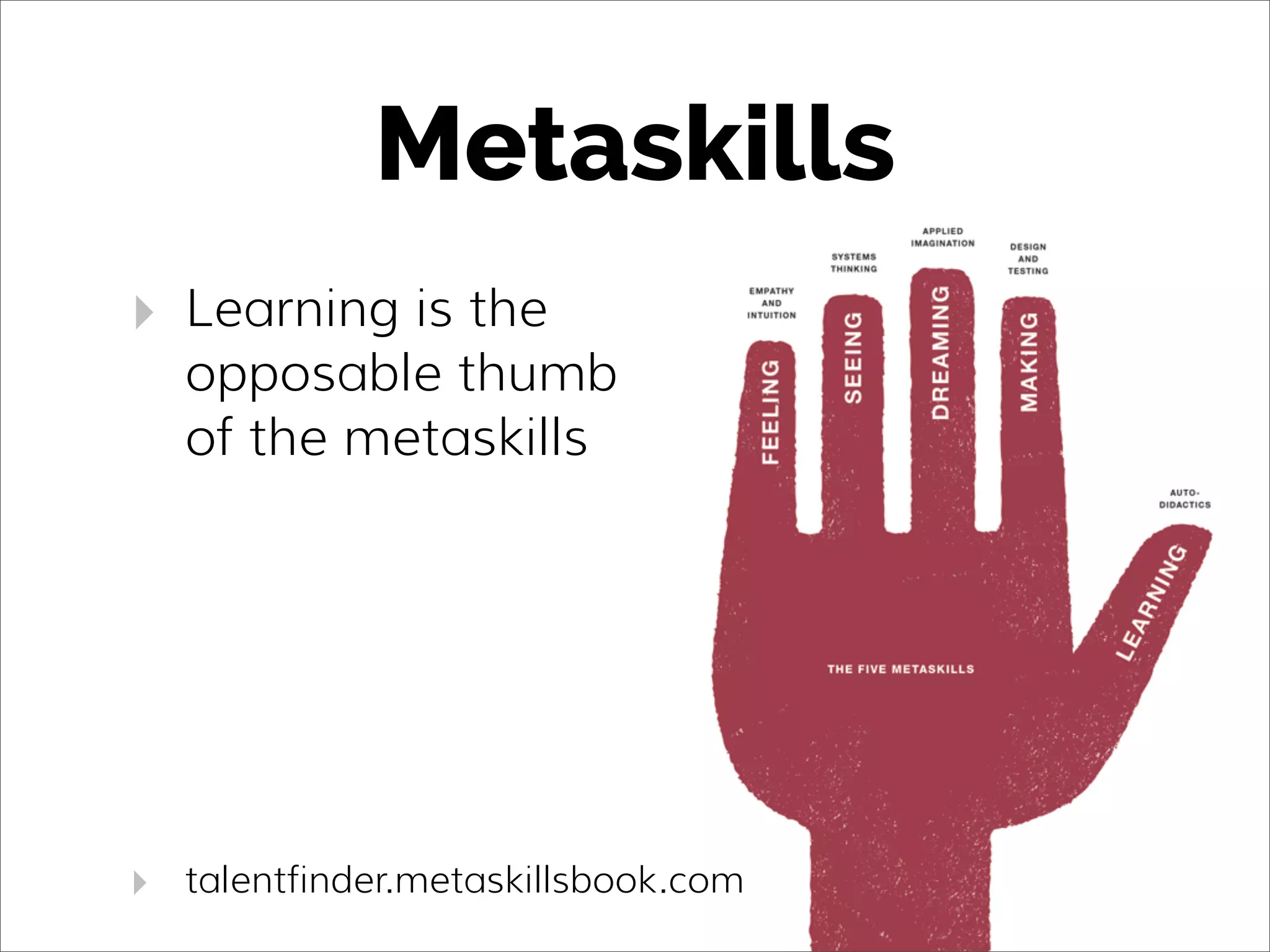 Metaskills
‣ Learning is the
opposable thumb
of the metaskills
‣ talentfinder.metaskillsbook.com
 