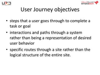 User Journey objectives
• steps that a user goes through to complete a
task or goal
• interactions and paths through a system
rather than being a representation of desired
user behavior
• specific routes through a site rather than the
logical structure of the entire site.

 
