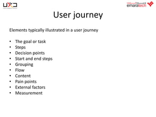 User journey
Elements typically illustrated in a user journey
•
•
•
•
•
•
•
•
•
•

The goal or task
Steps
Decision points
Start and end steps
Grouping
Flow
Content
Pain points
External factors
Measurement

 