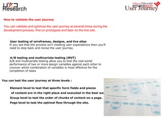 How to validate the user journey

You can validate and optimize the user journey at several times during the
development process, first on prototypes and later on the live site.

•

•

User testing of wireframes, designs, and live sites
If you see that the process isn't meeting user expectations then you’ll
need to step back and revise the user journey.
A/B testing and multivariate testing (MVT)
A/B and multivariate testing allow you to test the real-world
performance of two or more design variables against each other to
uncover which combination of variables is most effective for the
completion of tasks

You can test the user journey at three levels :

•

Element level to test that specific form fields and pieces
of content are in the right place and executed in the best way.

•
•

Group level to test the order of chunks of content on a page.
Page level to test the optimal flow through the site.

 