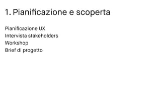 1. Pianiﬁcazione e scoperta
Pianiﬁcazione UX
Intervista stakeholders
Workshop
Brief di progetto
 