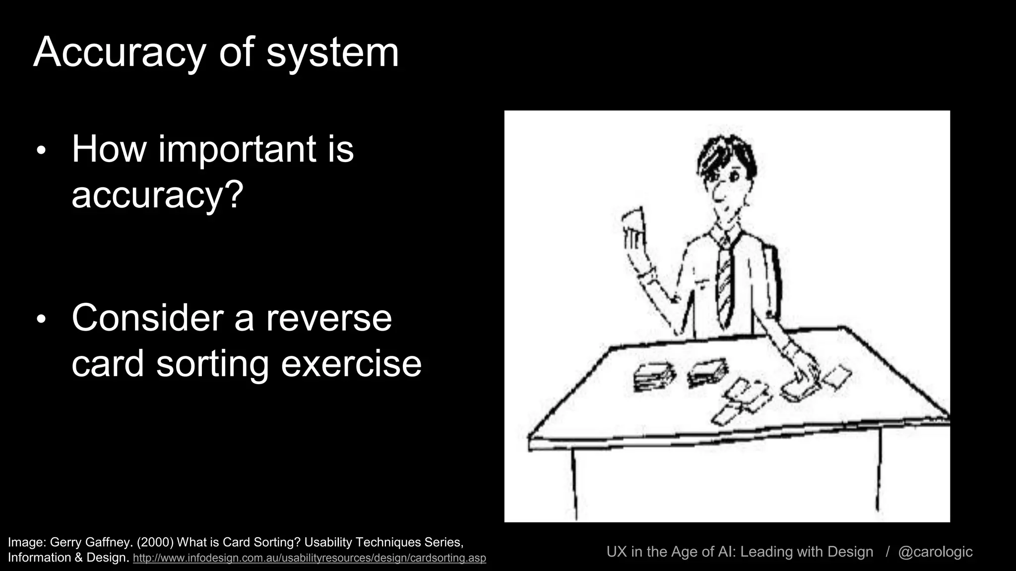 UX in the Age of AI: Leading with Design / @carologic
Accuracy of system
• How important is
accuracy?
• Consider a reverse
card sorting exercise
Image: Gerry Gaffney. (2000) What is Card Sorting? Usability Techniques Series,
Information & Design. http://www.infodesign.com.au/usabilityresources/design/cardsorting.asp
 