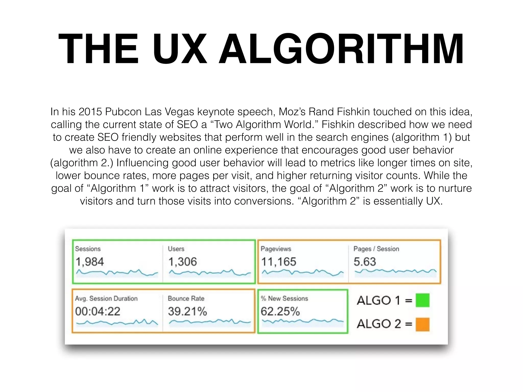 THE UX ALGORITHM
In his 2015 Pubcon Las Vegas keynote speech, Moz’s Rand Fishkin touched on this idea,
calling the current state of SEO a “Two Algorithm World.” Fishkin described how we need
to create SEO friendly websites that perform well in the search engines (algorithm 1) but
we also have to create an online experience that encourages good user behavior
(algorithm 2.) Inﬂuencing good user behavior will lead to metrics like longer times on site,
lower bounce rates, more pages per visit, and higher returning visitor counts. While the
goal of “Algorithm 1” work is to attract visitors, the goal of “Algorithm 2” work is to nurture
visitors and turn those visits into conversions. “Algorithm 2” is essentially UX.
 