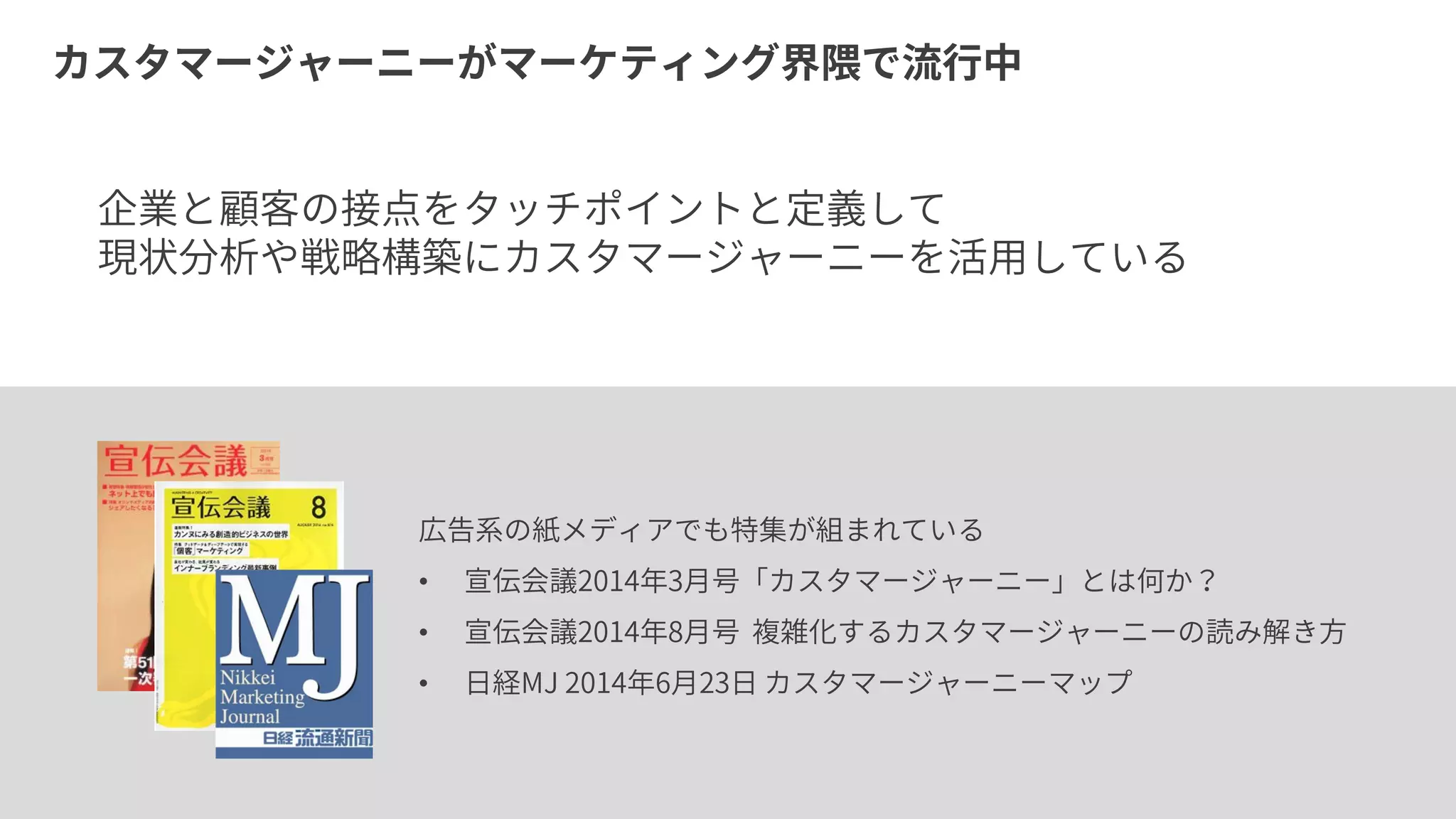 カスタマージャーニーがマーケティング界隈で流行中
広告系の紙メディアでも特集が組まれている
• 宣伝会議2014年3月号「カスタマージャーニー」とは何か？
• 宣伝会議2014年8月号 複雑化するカスタマージャーニーの読み解き方
• 日経MJ 2014年6月23日 カスタマージャーニーマップ
企業と顧客の接点をタッチポイントと定義して
現状分析や戦略構築にカスタマージャーニーを活用している
 