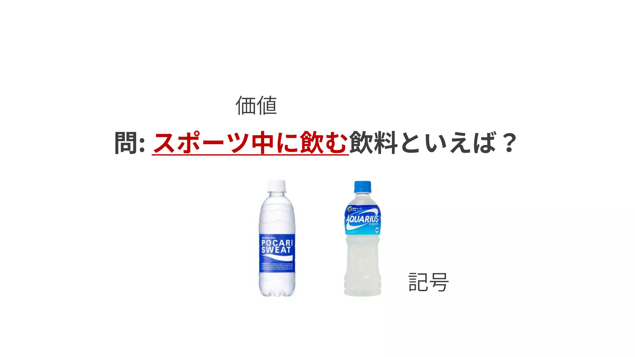 問: スポーツ中に飲む飲料といえば？
価値
記号
 