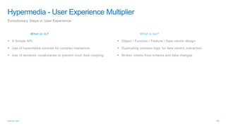 What is in?
• A Simple API.
• Use of hypermedia controls for complex interaction.
• Use of semantic vocabularies to prevent most data coupling.
What is out?
• Object / Function / Feature / Data centric design.
• Duplicating complex logic for data centric interaction.
• Broken clients from schema and data changes.
 